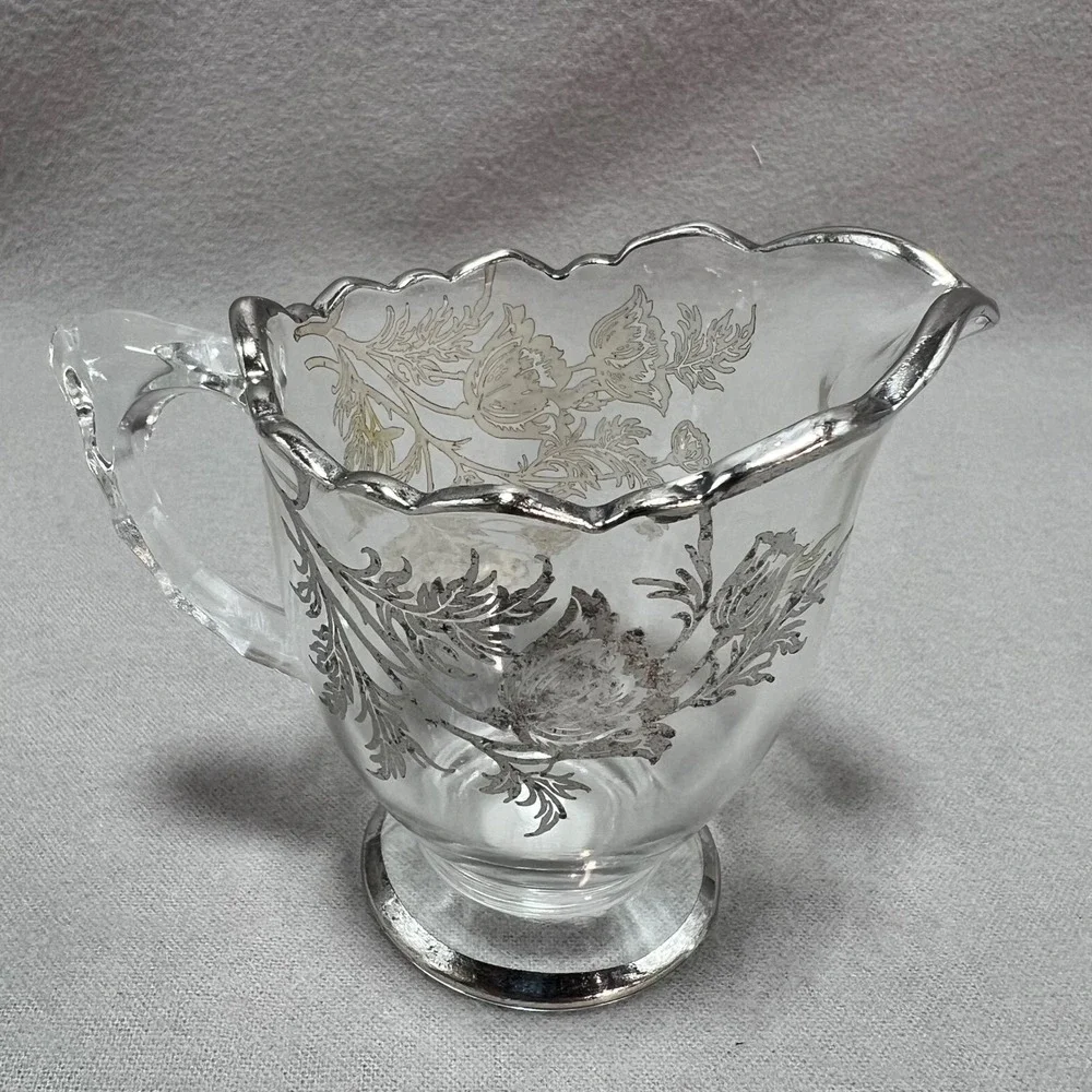 Silver City Poppy‎ Flanders Clear Glass Silver Overlay Vintage Creamer Sugar Set